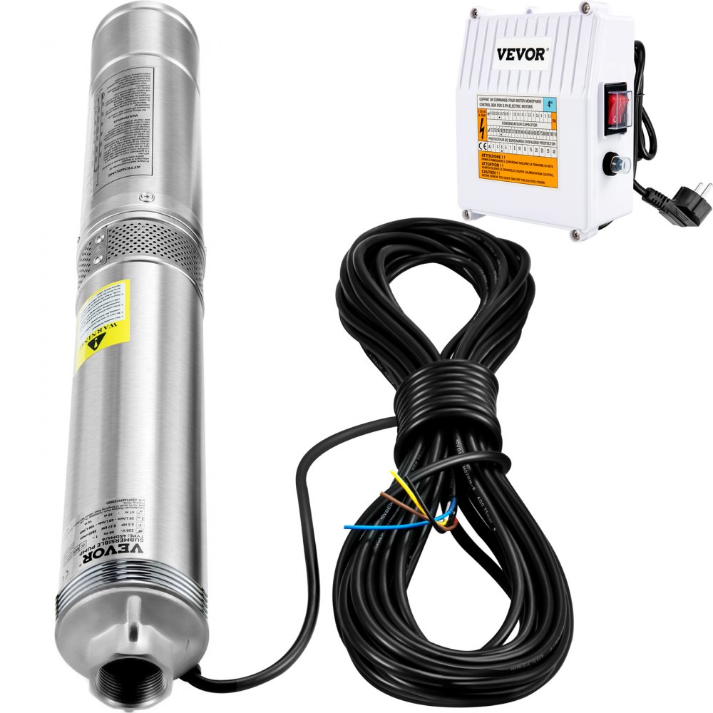 VEVOR Bomba de Pozo Profundo Motor de 1100W Bomba Sumergible para Pozo 230V 50Hz Bomba de Agua Sumergible para Pozos Flujo Máximo de 190 L/min con Caja de Control Externa para Tierras de Cultivo Minas