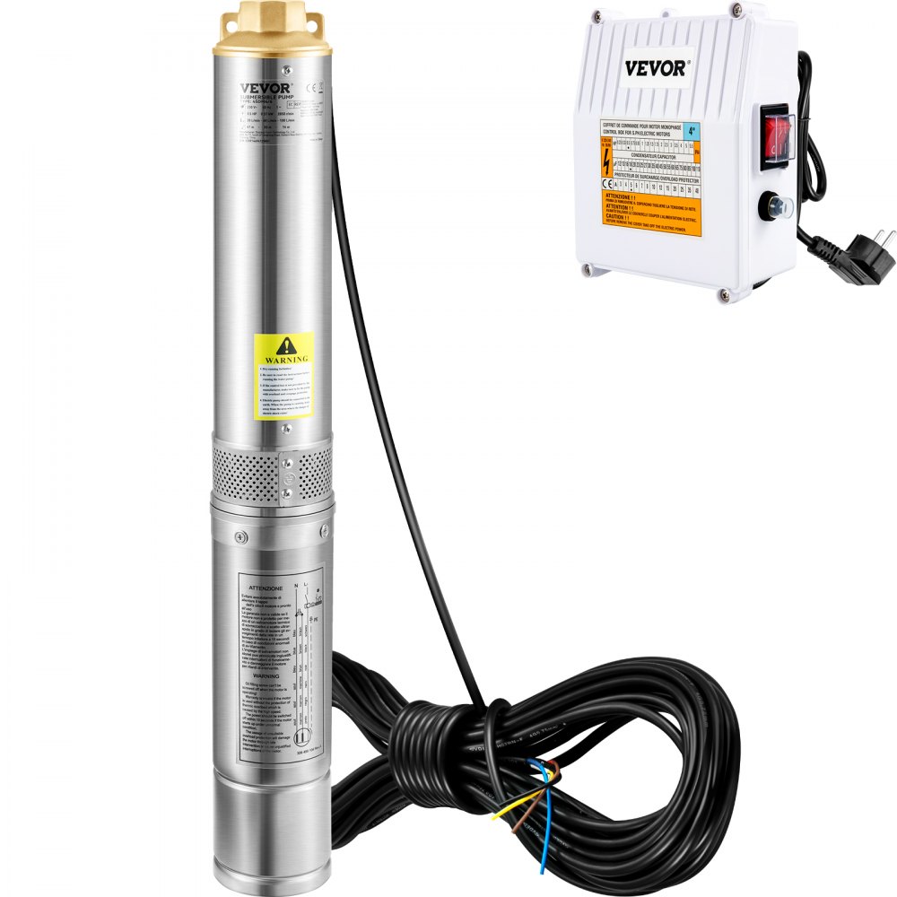 VEVOR Bomba de Pozo Profundo Motor de 1100W Bomba Sumergible para Pozo 230V 50Hz Bomba de Agua Sumergible para Pozos Flujo Máximo de 190 L/min con Caja de Control Externa para Tierras de Cultivo Minas