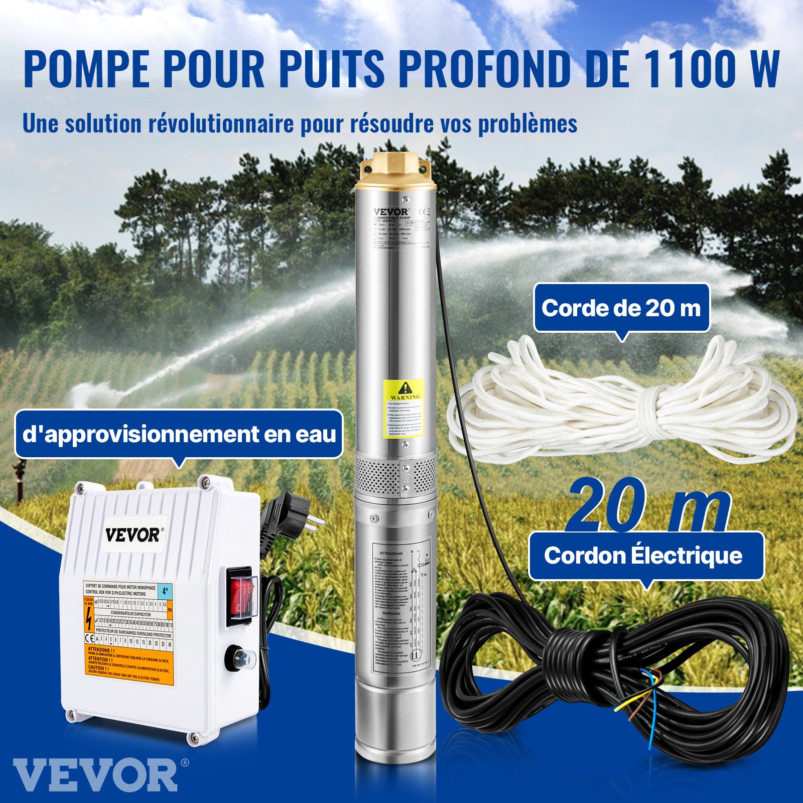 VEVOR Bomba de Pozo Profundo Motor de 1100W Bomba Sumergible para Pozo 230V 50Hz Bomba de Agua Sumergible para Pozos Flujo Máximo de 190 L/min con Caja de Control Externa para Tierras de Cultivo Minas