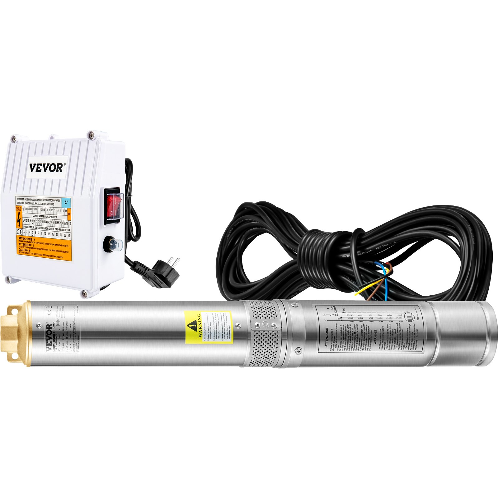 VEVOR Bomba de Pozo Profundo Motor de 1100W Bomba Sumergible para Pozo 230V 50Hz Bomba de Agua Sumergible para Pozos Flujo Máximo de 190 L/min con Caja de Control Externa para Tierras de Cultivo Minas