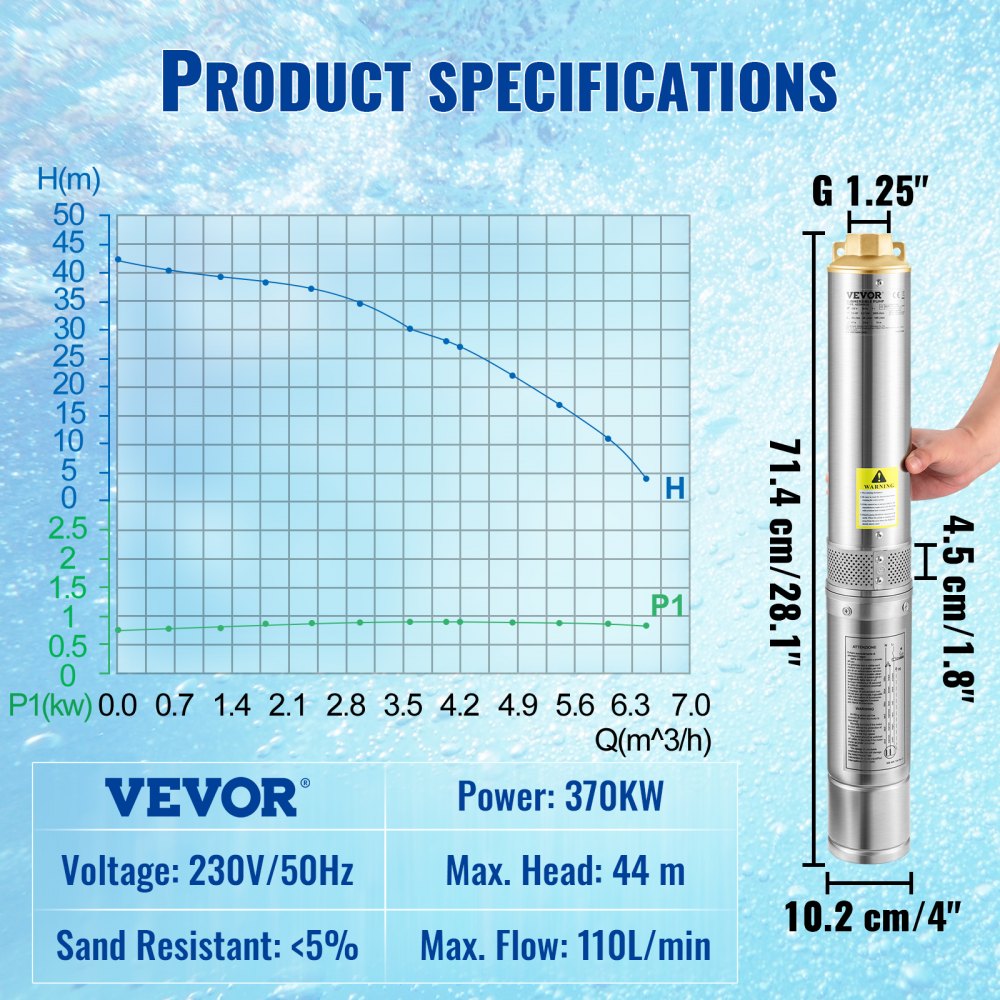 VEVOR Bomba de Pozo Profundo Motor de 370 W Bomba Sumergible para Pozo 230V 50Hz Bomba de Agua Sumergible para Pozos Flujo Máximo de 110 L/min con Caja de Control Externa para Tierras de Cultivo Minas