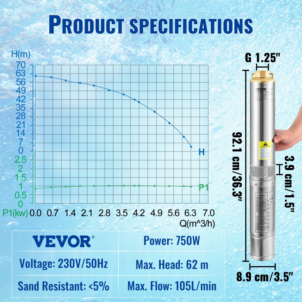 VEVOR Bomba de Pozo Profundo Motor de 750 W Bomba Sumergible para Pozo 230V 50Hz Bomba de Agua Sumergible para Pozos Flujo Máximo de 105 L/min con Interruptor Automático para Tierras de Cultivo Minas