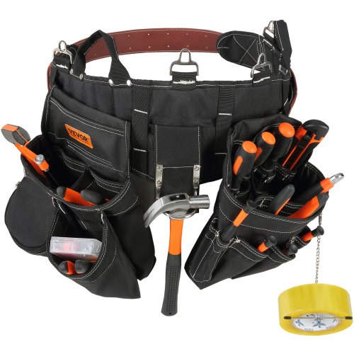 VEVOR Cinturón de Herramientas Negro 32 Bolsillos Tamaño de Cintura 81,2-137,2 cm, Cinturón de Herramientas de Nailon Desmontable para Electricista, Carpintero, Manitas, Carpintero, Construcción