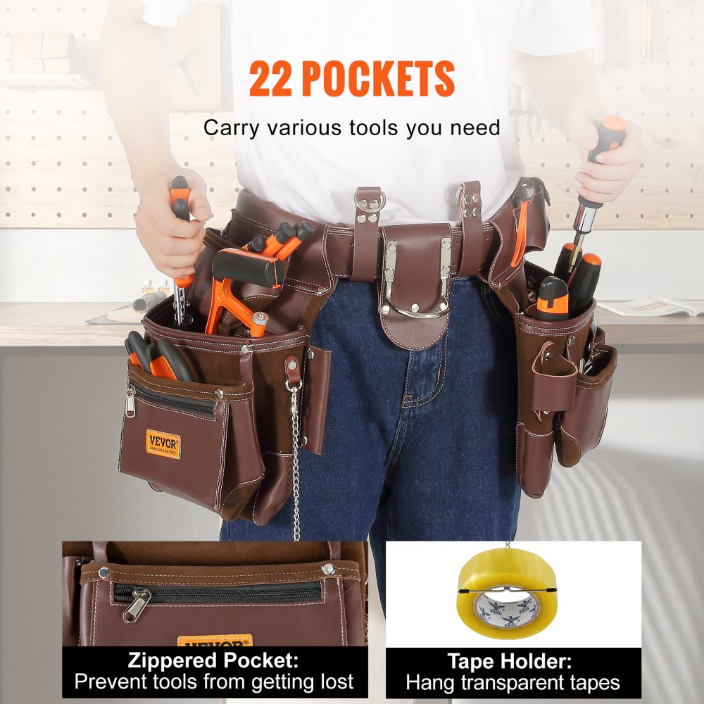 VEVOR Tool Belt with 22 Pockets, Adjustable from 73.6 to 137.2 cm, Premium PU Heavy-Duty Tool Pouch, Detachable Tool Bag for Electricians, Carpenters, DIY Enthusiasts, Woodworkers, Construction Workers, Brown