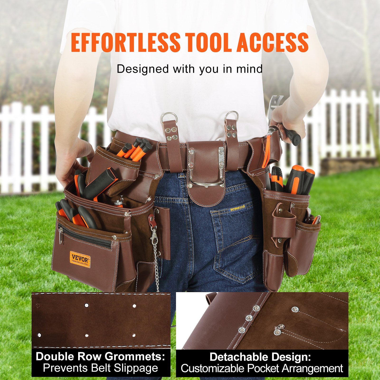 VEVOR Tool Belt with 22 Pockets, Adjustable from 73.6 to 137.2 cm, Premium PU Heavy-Duty Tool Pouch, Detachable Tool Bag for Electricians, Carpenters, DIY Enthusiasts, Woodworkers, Construction Workers, Brown