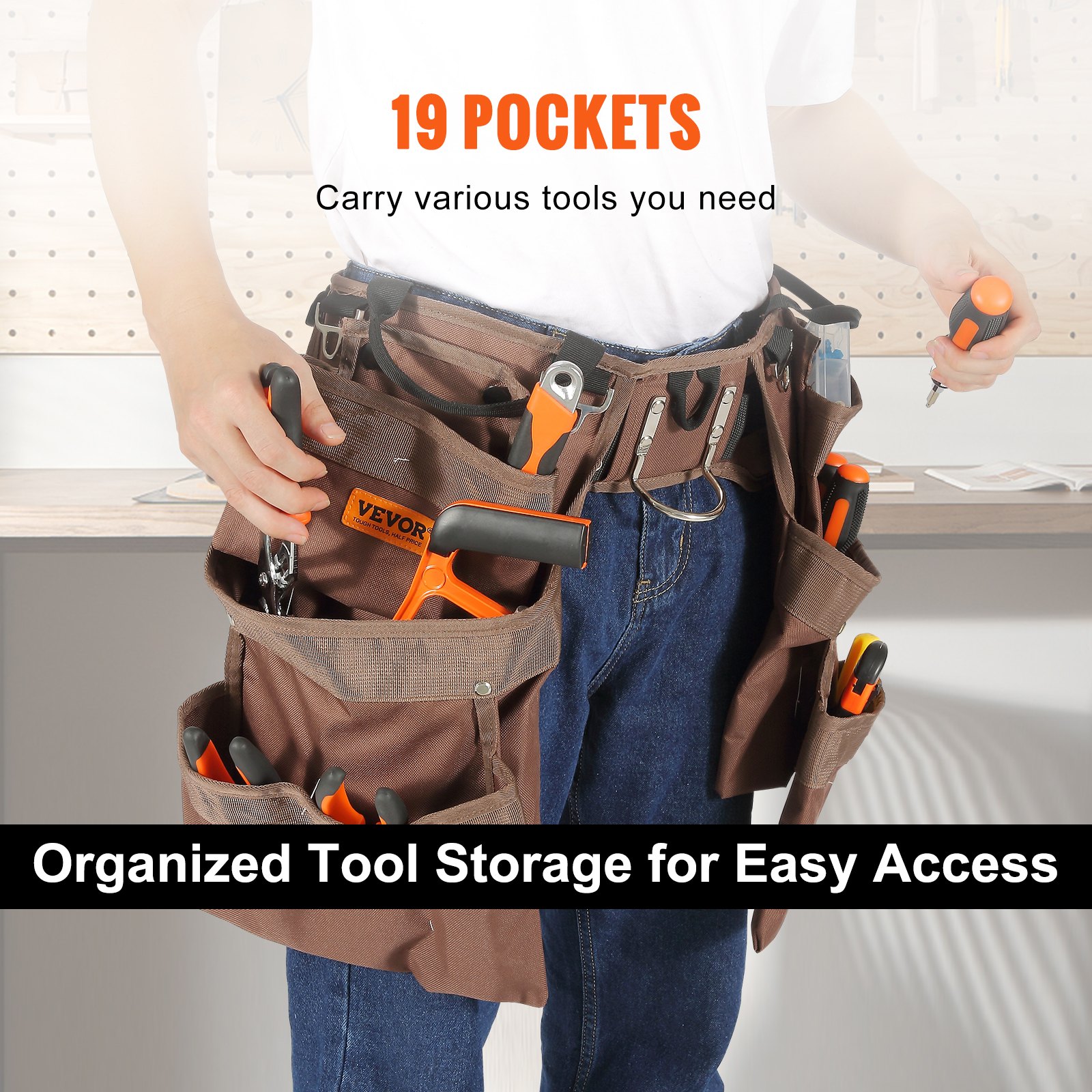 VEVOR Tool Belt with 19 Pockets, Adjustable from 81.2 to 137.2 cm, Robust Polyester Tool Bag, Detachable Tool Pouch for Electricians, Carpenters, DIY Enthusiasts, Woodworkers, Construction Workers, Brown