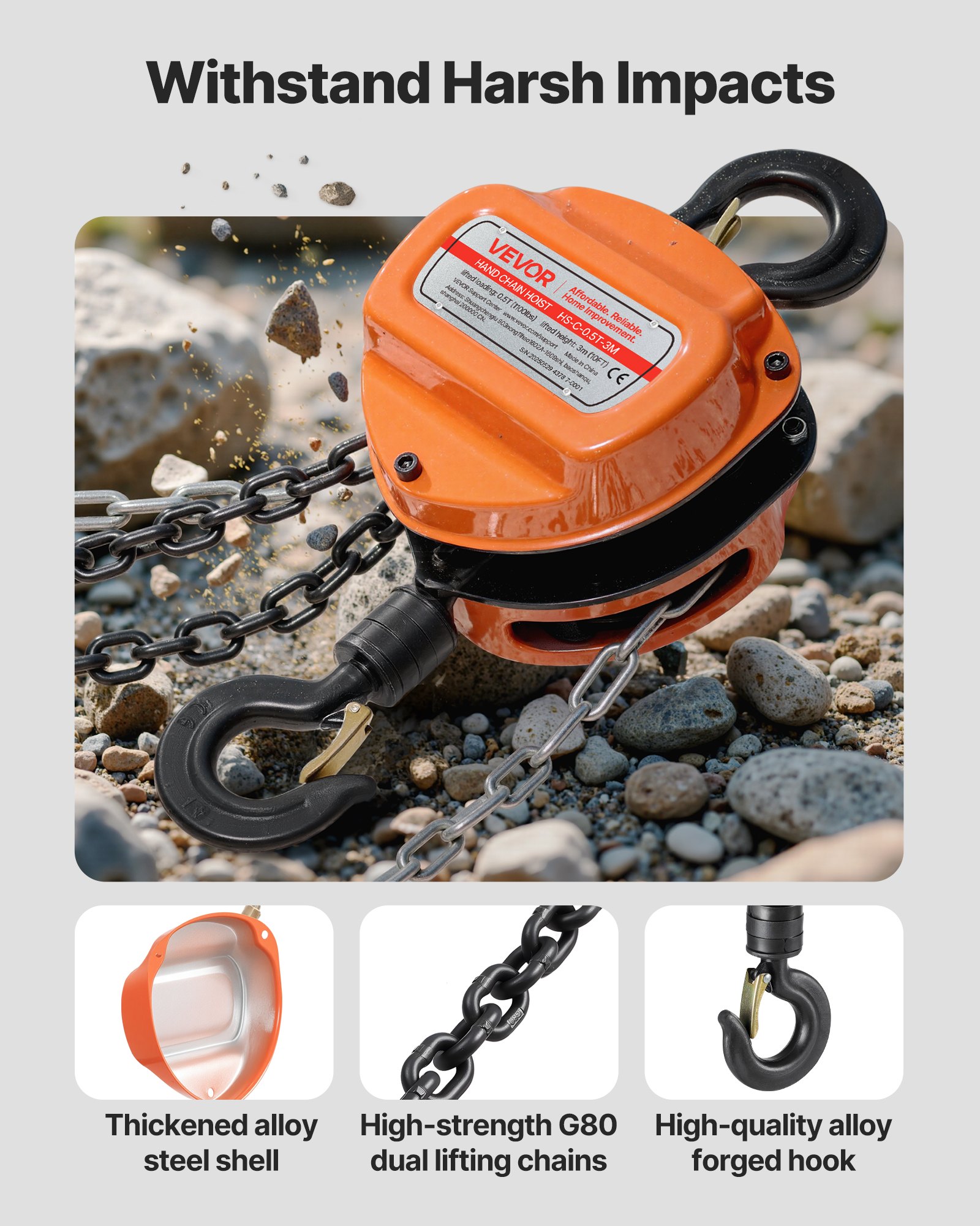 VEVOR Polipasto de Cadena Manual, Polipasto de Polea Resistente con Cadena Galvanizada G80 Mejorada, Altura de Elevación de 3 m Carga de 0,5 T para Garaje, Almacén y Maquinaria Automotriz, Naranja
