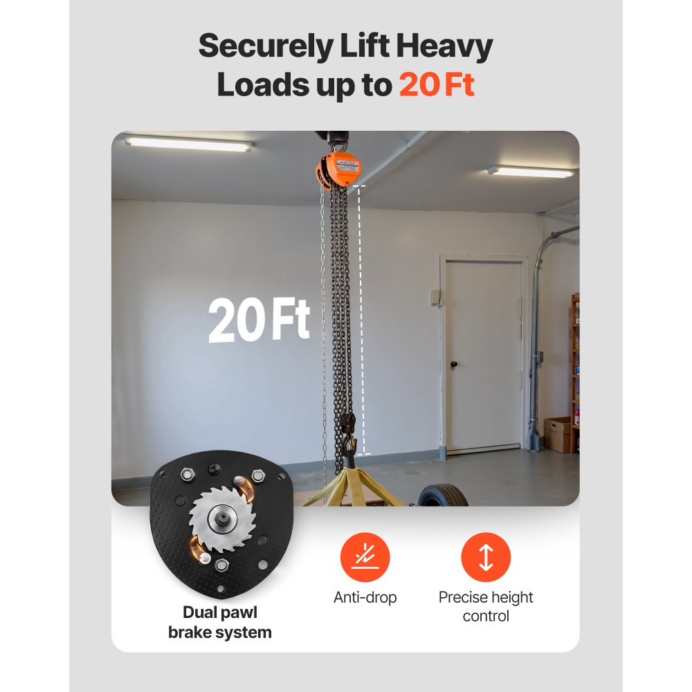 VEVOR Hand Chain Hoist, 2 Ton Capacity, Manual Chain Block with Upgrade G80 Galvanized Chain, 6 m Lifting Height, Heavy Duty Pulley Hoist for Garage Warehouse Automotive Machinery, Orange