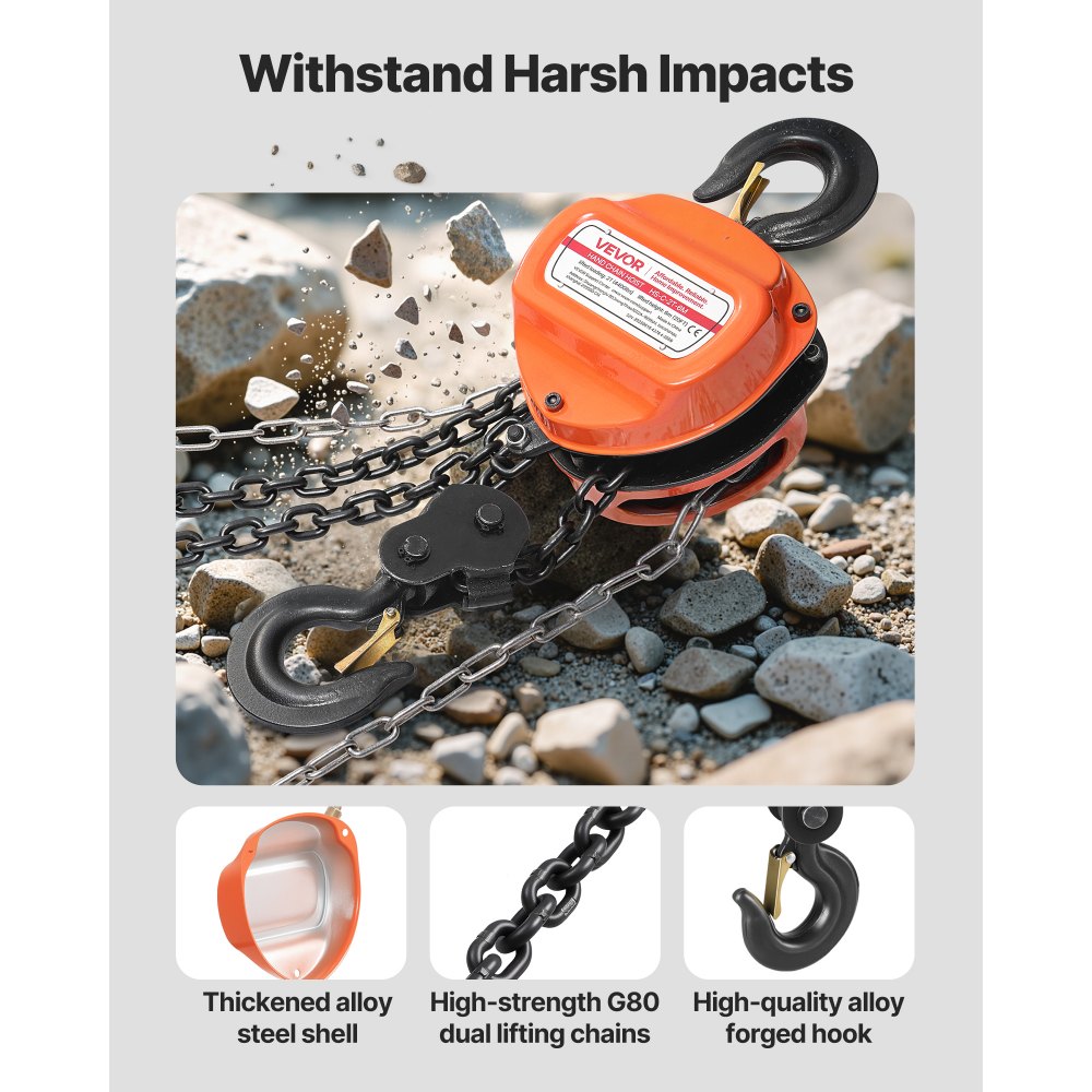 VEVOR Hand Chain Hoist, 2 Ton Capacity, Manual Chain Block with Upgrade G80 Galvanized Chain, 6 m Lifting Height, Heavy Duty Pulley Hoist for Garage Warehouse Automotive Machinery, Orange