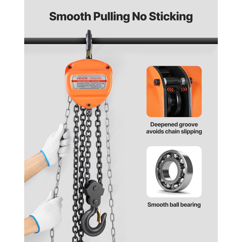 VEVOR Polipasto de Cadena Manual, Polipasto de Polea Resistente con Cadena Galvanizada G80 Mejorada, Altura de Elevación de 6 m Carga de 2 T para Garaje, Almacén y Maquinaria Automotriz, Naranja