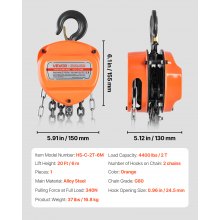 VEVOR Polipasto de Cadena Manual, Polipasto de Polea Resistente con Cadena Galvanizada G80 Mejorada, Altura de Elevación de 6 m Carga de 2 T para Garaje, Almacén y Maquinaria Automotriz, Naranja