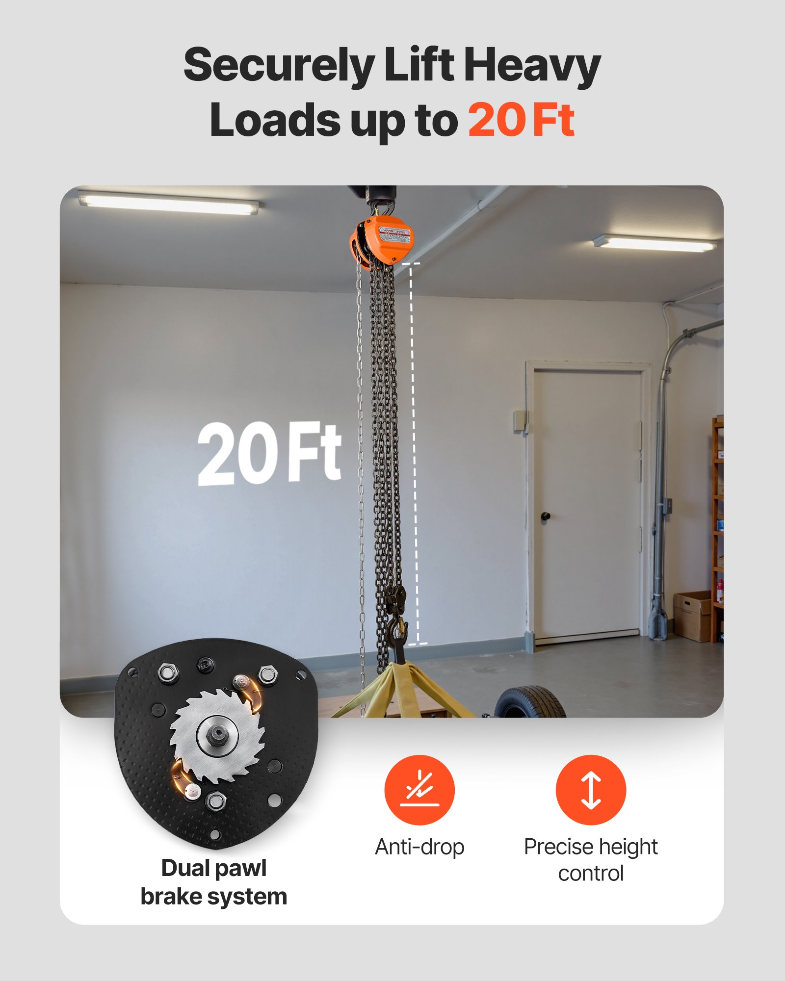 VEVOR Polipasto de Cadena Manual, Polipasto de Polea Resistente con Cadena Galvanizada G80 Mejorada, Altura de Elevación de 6 m Carga de 2 T para Garaje, Almacén y Maquinaria Automotriz, Naranja