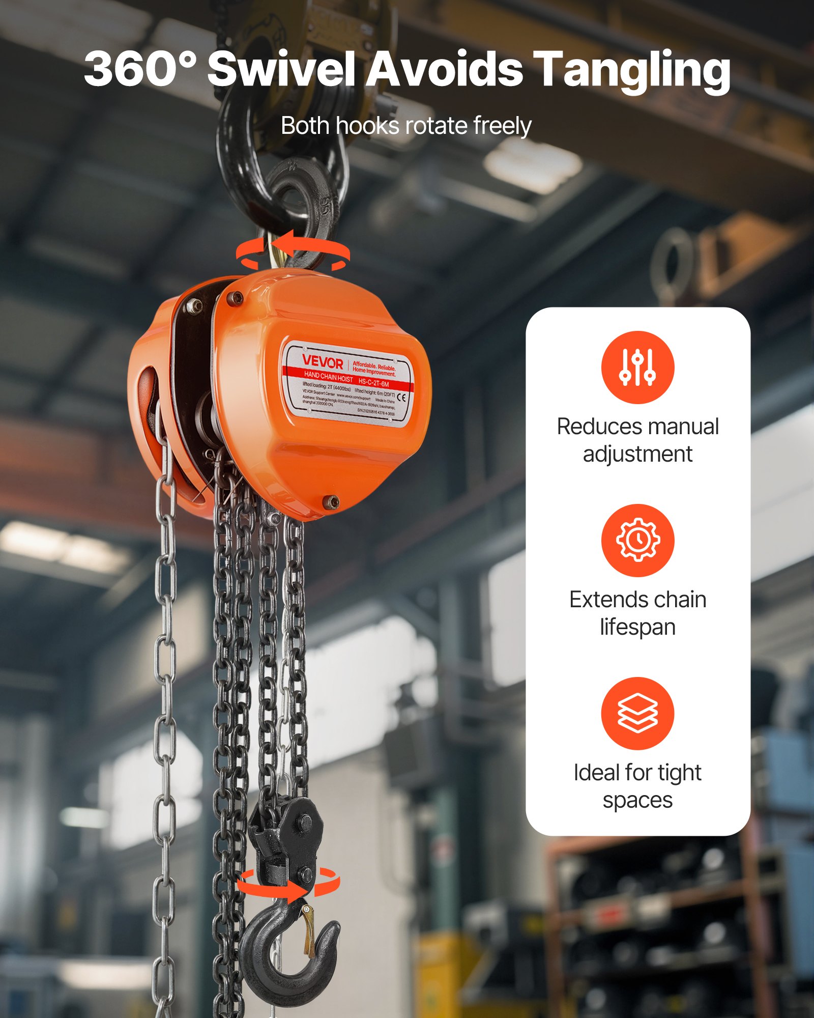 VEVOR Polipasto de Cadena Manual, Polipasto de Polea Resistente con Cadena Galvanizada G80 Mejorada, Altura de Elevación de 6 m Carga de 2 T para Garaje, Almacén y Maquinaria Automotriz, Naranja