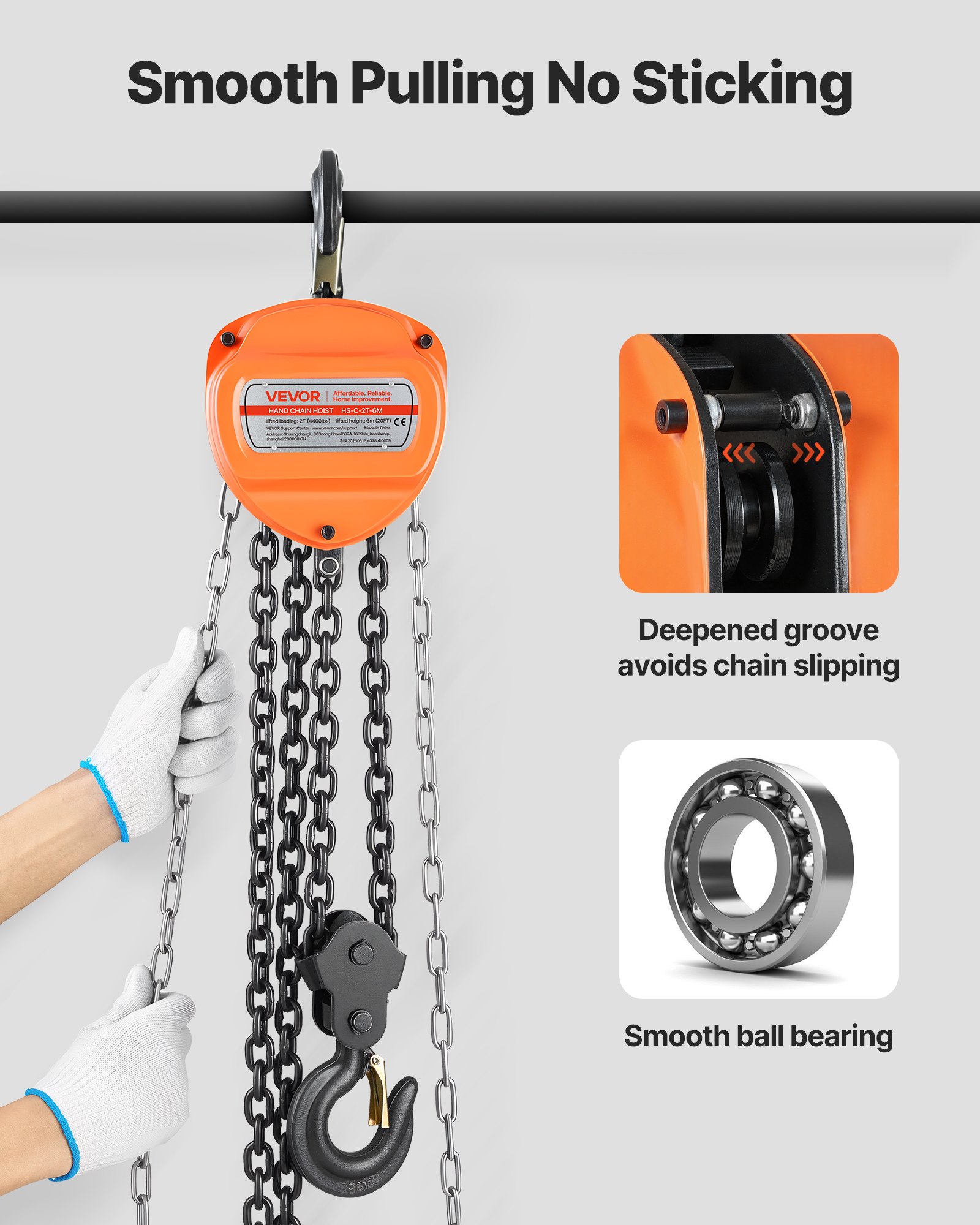 VEVOR Polipasto de Cadena Manual, Polipasto de Polea Resistente con Cadena Galvanizada G80 Mejorada, Altura de Elevación de 6 m Carga de 2 T para Garaje, Almacén y Maquinaria Automotriz, Naranja