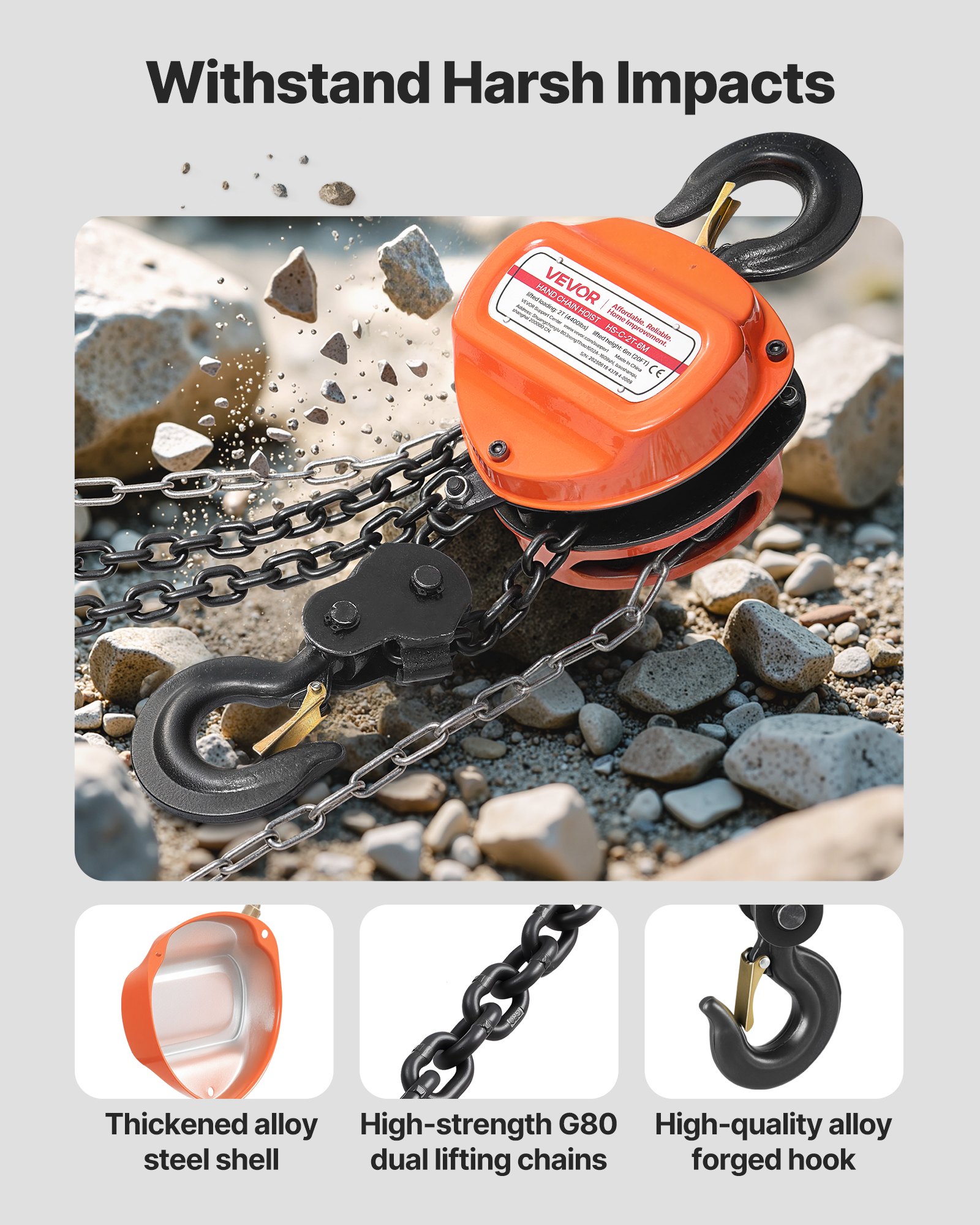 VEVOR Polipasto de Cadena Manual, Polipasto de Polea Resistente con Cadena Galvanizada G80 Mejorada, Altura de Elevación de 6 m Carga de 2 T para Garaje, Almacén y Maquinaria Automotriz, Naranja