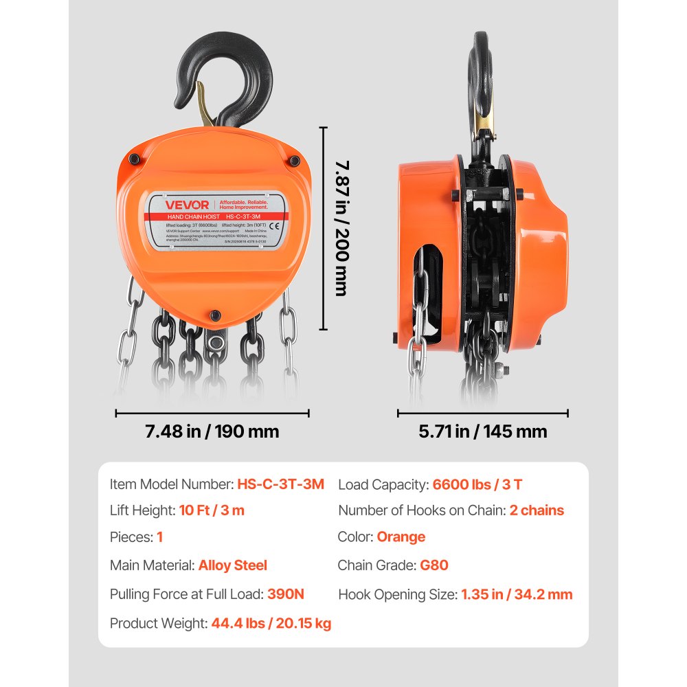 VEVOR Polipasto de Cadena Manual, Polipasto de Polea Resistente con Cadena Galvanizada G80 Mejorada, Altura de Elevación de 3 m Carga de 3 T para Garaje, Almacén y Maquinaria Automotriz, Naranja