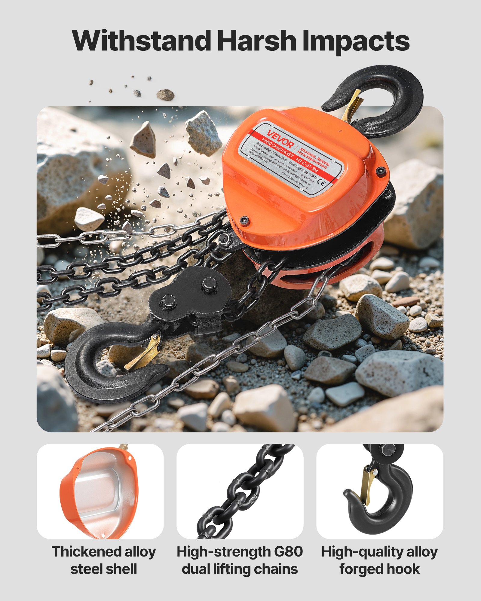 VEVOR Polipasto de Cadena Manual, Polipasto de Polea Resistente con Cadena Galvanizada G80 Mejorada, Altura de Elevación de 3 m Carga de 3 T para Garaje, Almacén y Maquinaria Automotriz, Naranja