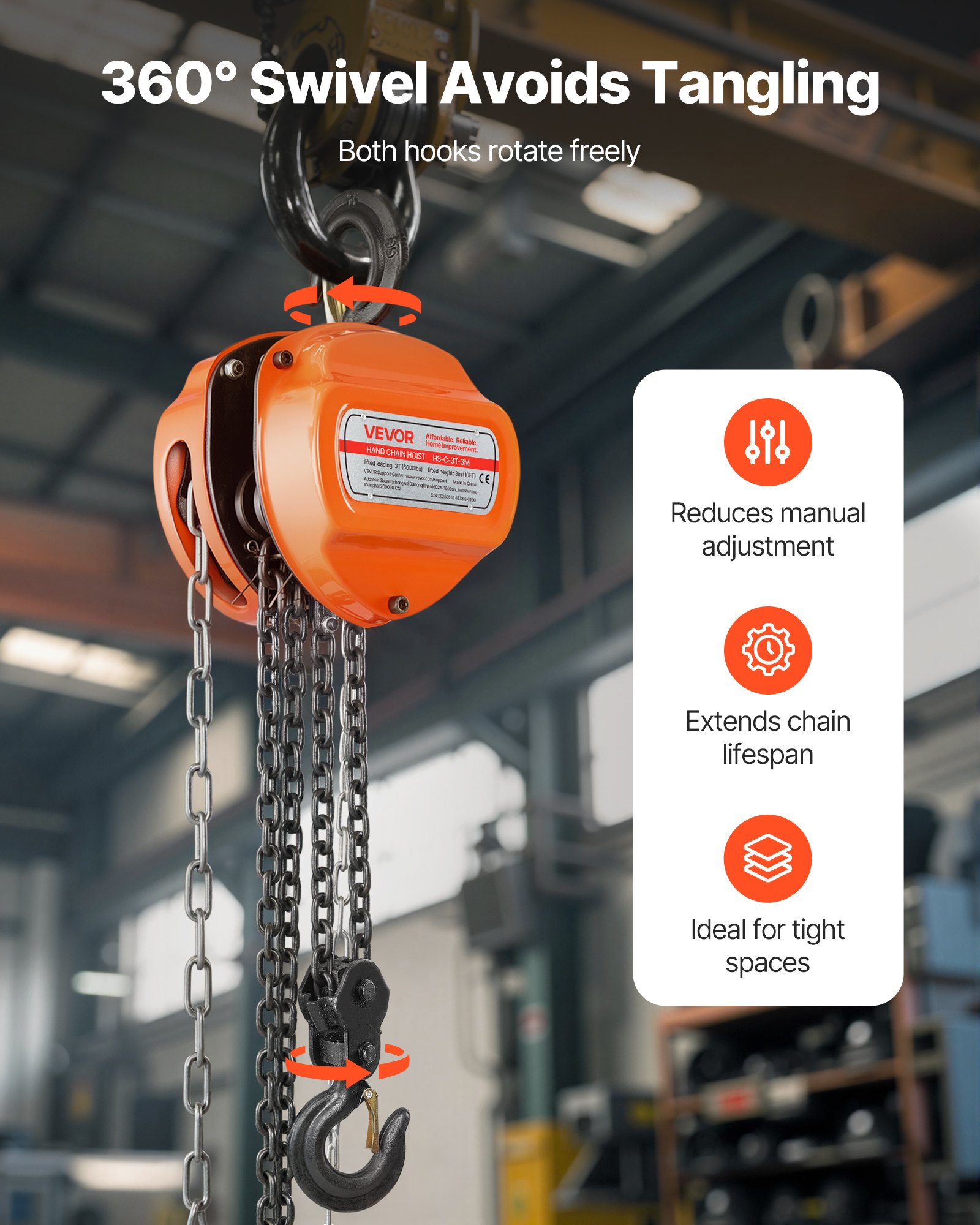 VEVOR Polipasto de Cadena Manual, Polipasto de Polea Resistente con Cadena Galvanizada G80 Mejorada, Altura de Elevación de 3 m Carga de 3 T para Garaje, Almacén y Maquinaria Automotriz, Naranja