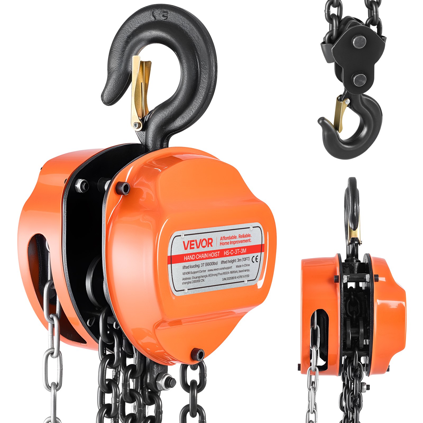VEVOR Polipasto de Cadena Manual, Polipasto de Polea Resistente con Cadena Galvanizada G80 Mejorada, Altura de Elevación de 3 m Carga de 3 T para Garaje, Almacén y Maquinaria Automotriz, Naranja