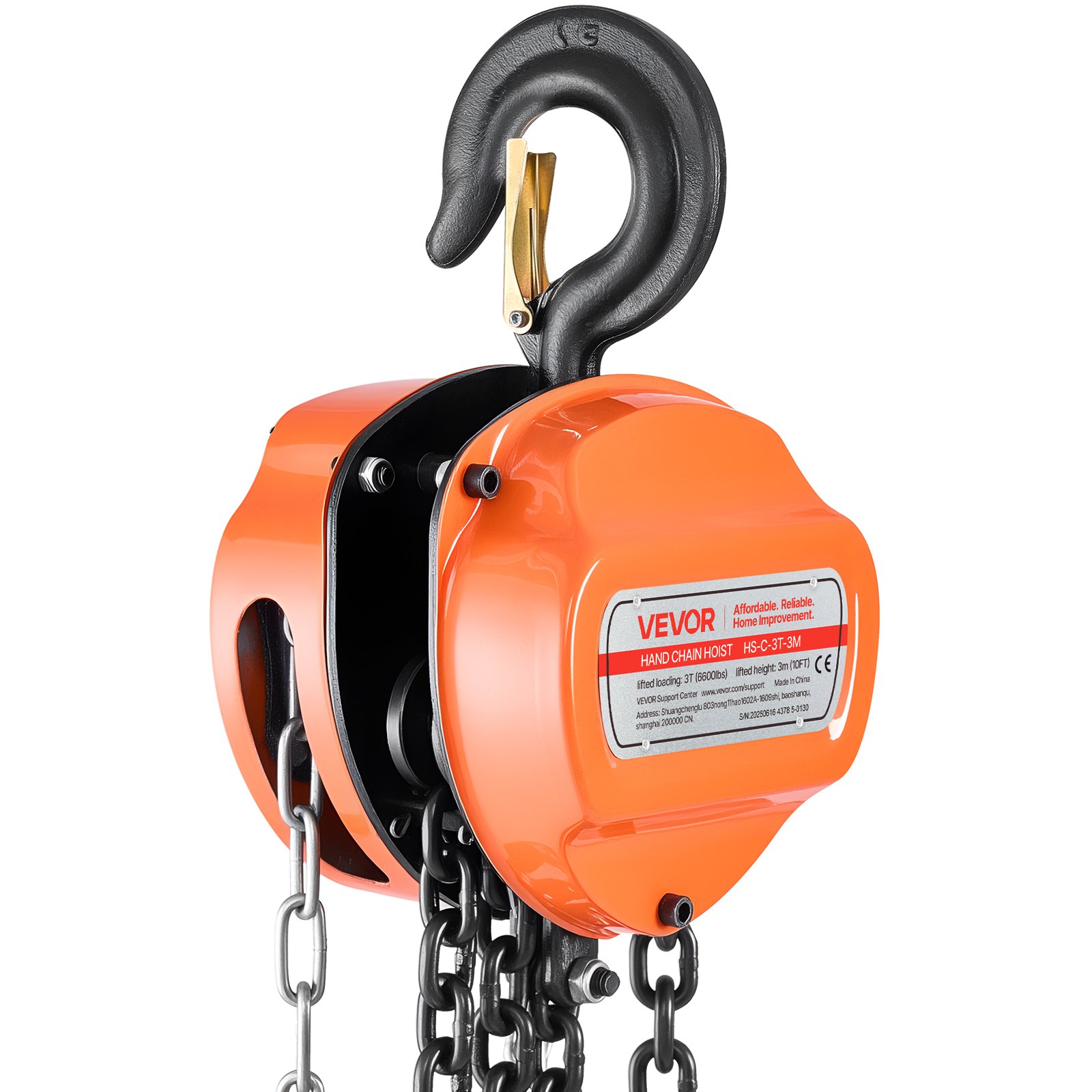 VEVOR Polipasto de Cadena Manual, Polipasto de Polea Resistente con Cadena Galvanizada G80 Mejorada, Altura de Elevación de 3 m Carga de 3 T para Garaje, Almacén y Maquinaria Automotriz, Naranja