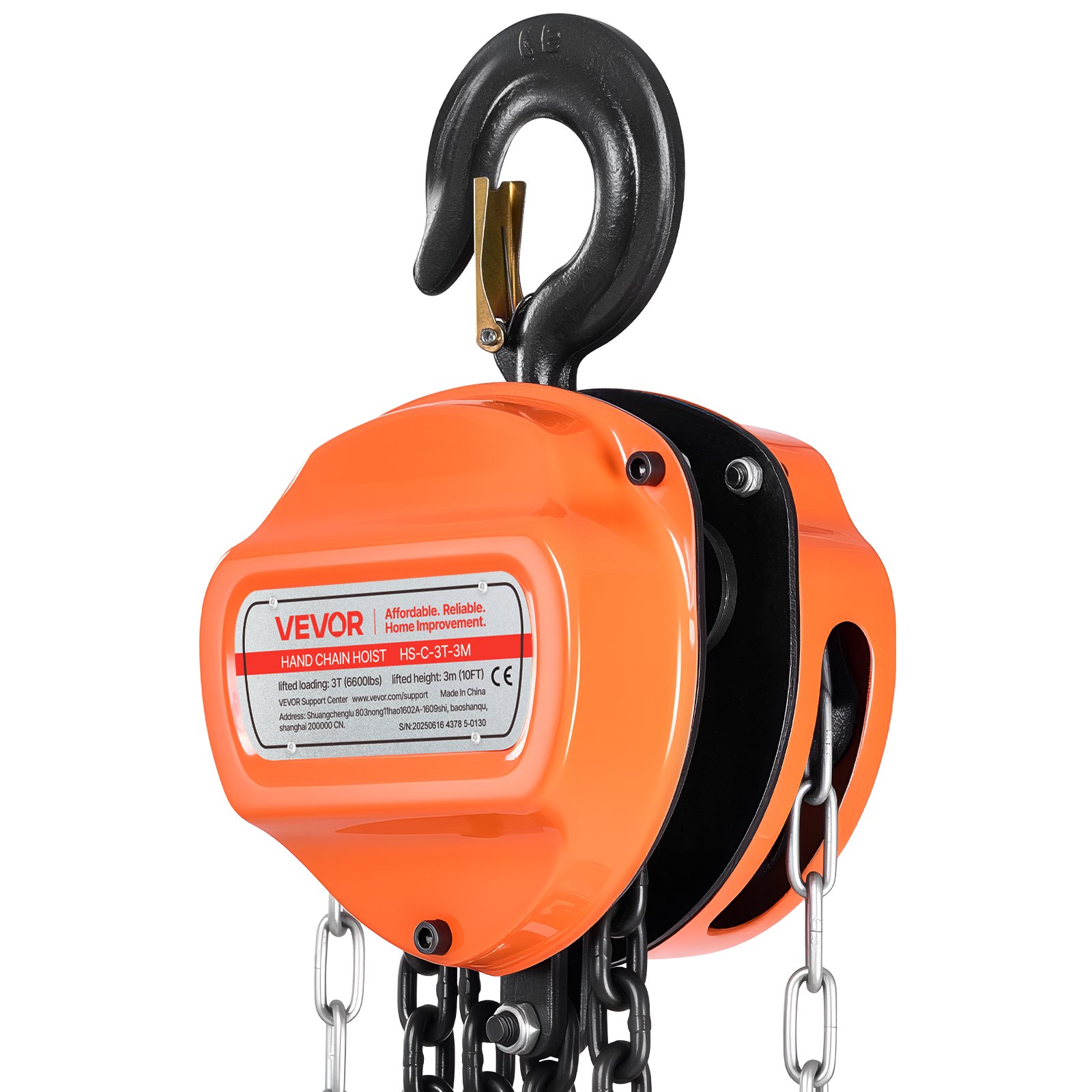 VEVOR Polipasto de Cadena Manual, Polipasto de Polea Resistente con Cadena Galvanizada G80 Mejorada, Altura de Elevación de 3 m Carga de 3 T para Garaje, Almacén y Maquinaria Automotriz, Naranja