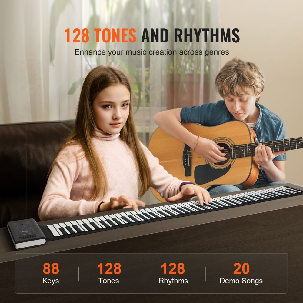 VEVOR Roll-Up Keyboard Piano with 88 keys, 128 rhythms, 128 tones, portable electric digital handheld roll-up piano with rechargeable battery, 2W speaker, LED display, 5 ports, MIDI function, for children, beginners and adults