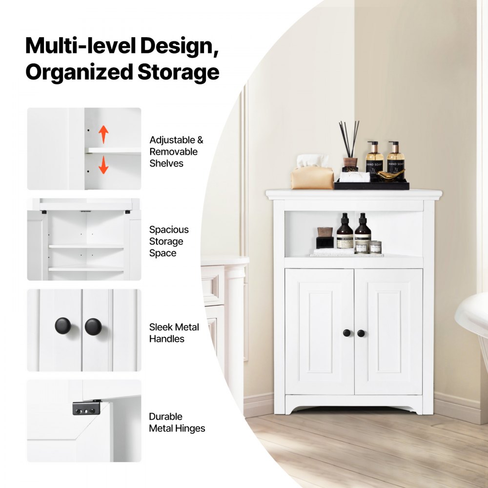 VEVOR Corner Cabinet Storage Cabinet with 3-Tier Shelves Multi-Purpose Cabinet (845 mm High) with 2 Wooden Doors and Adjustable Shelves, Freestanding Kitchen Cabinet for Living Room Laundry Room, White