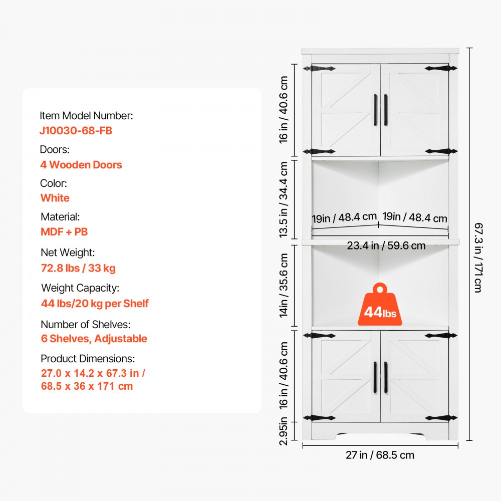 VEVOR Corner Cabinet Storage Cabinet with 6-Tier Shelves Multi-Purpose Cabinet (171 cm High) with 4 Wooden Doors and Adjustable Shelves, Freestanding Kitchen Cabinet for Living Room Laundry Room, White