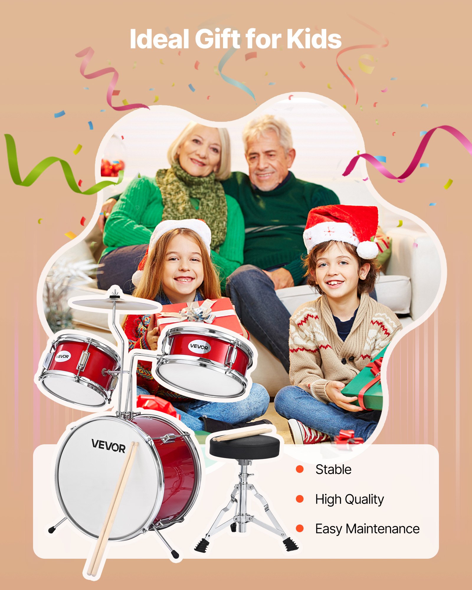 VEVOR Batería Infantil de 3 Piezas de 355,6 mm para Principiantes con Trono Ajustable, Platillo y Dos Pares de Baquetas, Kit de Aprendizaje de Música de Batería para Niños de 6 a 13 Años, Rojo