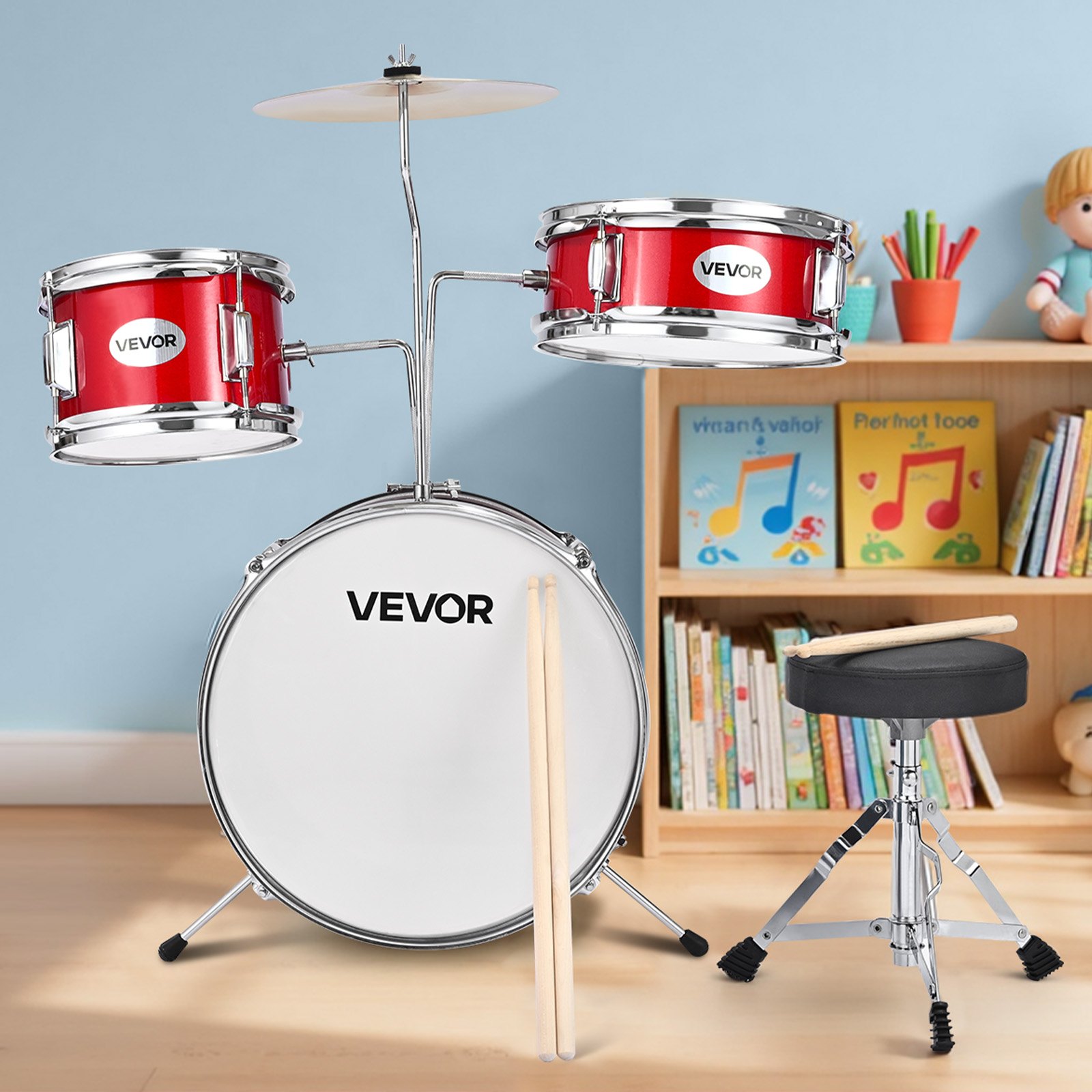 VEVOR Batería Infantil de 3 Piezas de 355,6 mm para Principiantes con Trono Ajustable, Platillo y Dos Pares de Baquetas, Kit de Aprendizaje de Música de Batería para Niños de 6 a 13 Años, Rojo