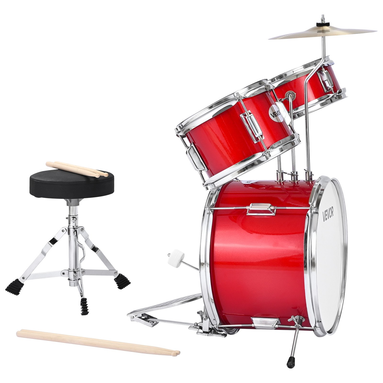 VEVOR Batería Infantil de 3 Piezas de 355,6 mm para Principiantes con Trono Ajustable, Platillo y Dos Pares de Baquetas, Kit de Aprendizaje de Música de Batería para Niños de 6 a 13 Años, Rojo