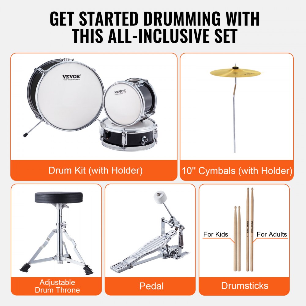 VEVOR 3-piece drum set with adjustable throne cymbal pedal, two pairs of drumsticks, approx. 20 cm tom drum, approx. 25 cm snare drum, approx. 36 cm bass drum, children's drum set, black