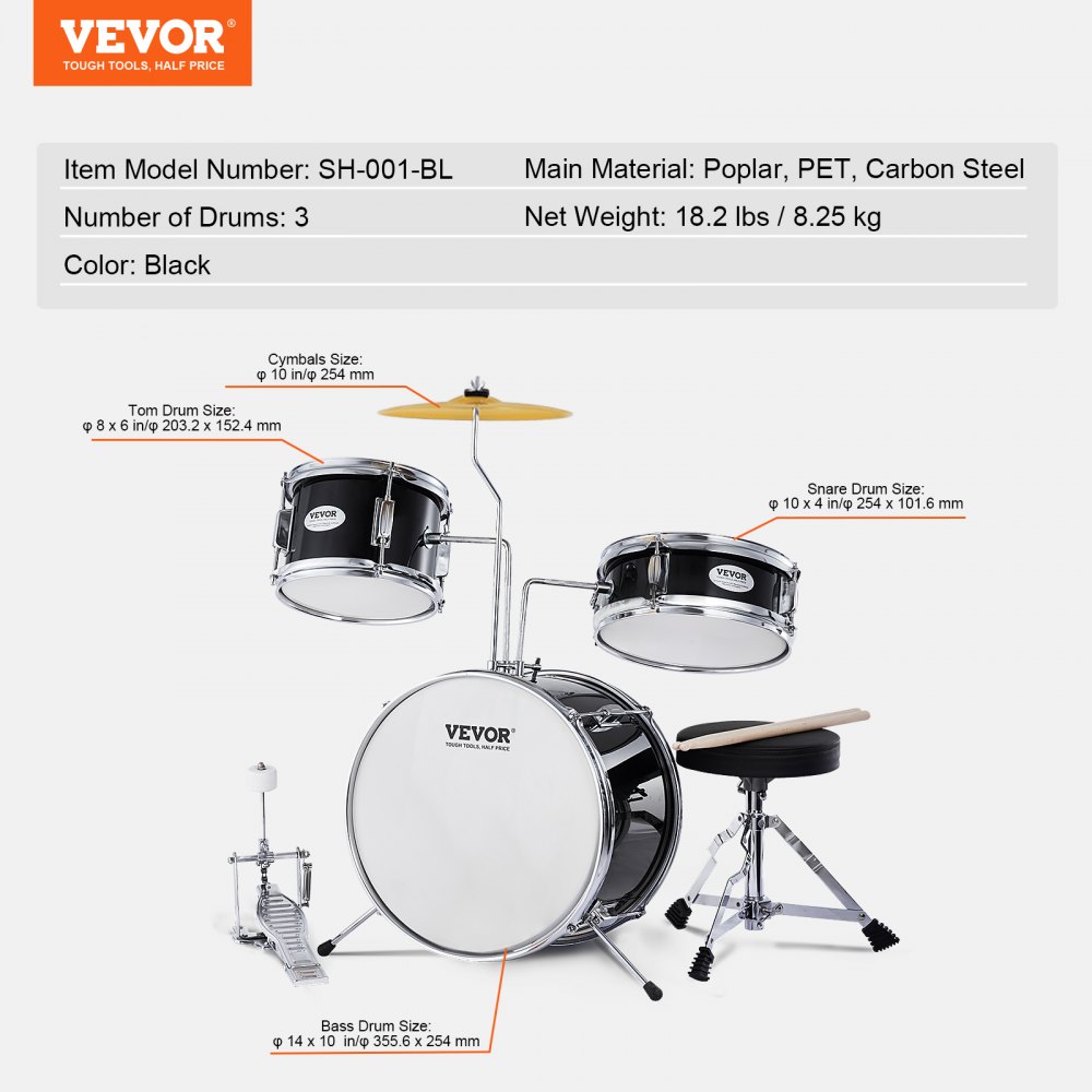 VEVOR Juego de batería para niños, 3 piezas, 14 pulgadas, juego de batería para principiantes con pedal de platillo de trono ajustable, dos pares de baquetas, tambor Tom de 8 pulgadas, caja de 10 pulgadas, bombo de 14 pulgadas, kit de batería de iniciación para niños, negro