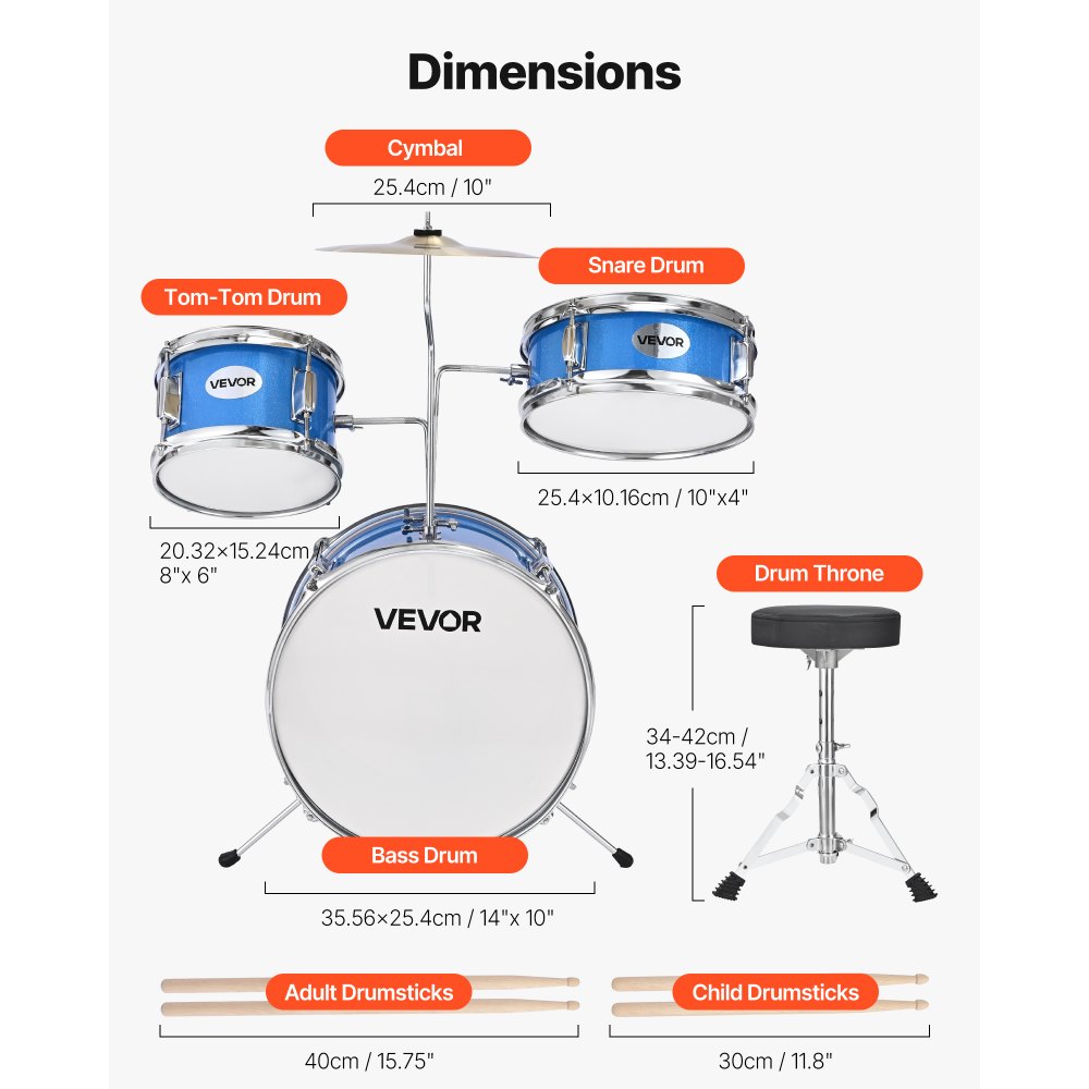 VEVOR Kids Drum Set, 3-Piece 355.6 mm Junior Drum Sets, Beginner Drums Set with Adjustable Throne and Two Pairs of Drumsticks, Musical Learning Drums Instruments Kit, for Children Ages 6-13 (Blue)