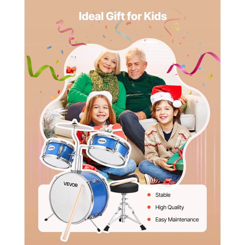 VEVOR Batería Infantil de 3 Piezas de 14 in / 355,6 mm para Principiantes con Trono Ajustable, Platillo y Dos Pares de Baquetas, Kit de Aprendizaje de Música de Batería para Niños de 6 a 13 Años, Azul