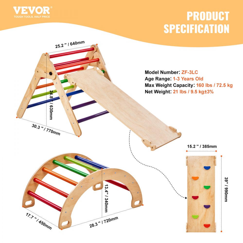 VEVOR Pikler Triangle Set, 5 en 1 juguetes de escalada para niños pequeños, juego de escalada Montessori con triángulo, rampa y arco, gimnasio de escalada de madera de gran tamaño para niños de 1 a 3 años, colorido