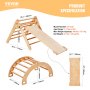 Conjunto de triángulo Pikler VEVOR con tobogán, arco y pared de escalada para niños pequeños, destacando dimensiones y especificaciones.