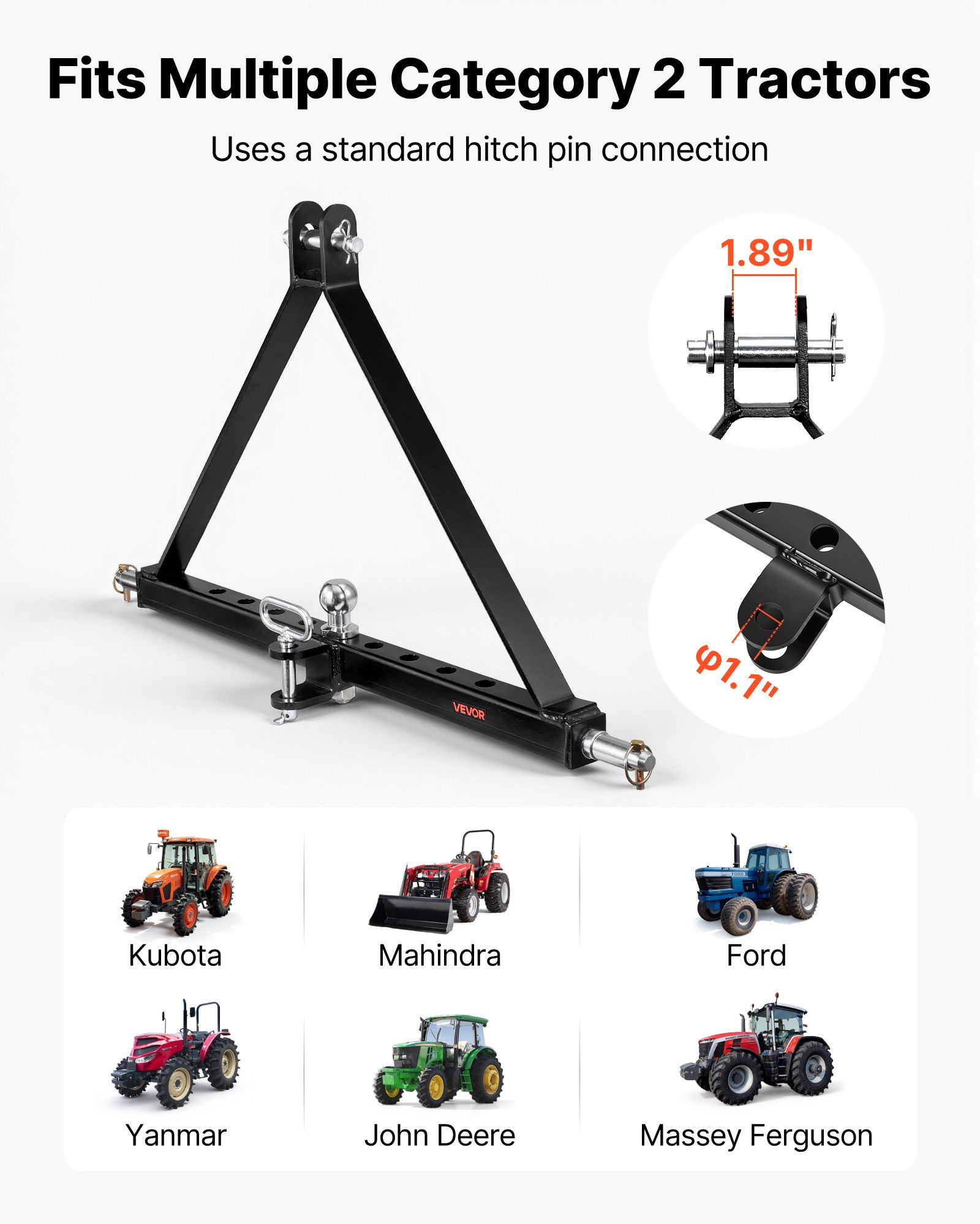 VEVOR Enganche de Remolque de 3 Puntos, Adaptador de Acoplamiento con Enganche de Cabeza Esférica, Compatible con Tractores de Categoría 2 de Kubota Mahindra Ford Yanmar John Deere Massey Ferguson