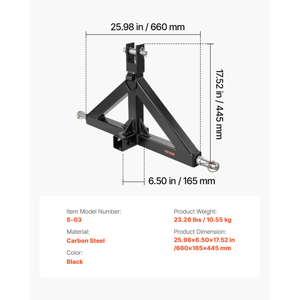 VEVOR Receptor de Enganche de 3 Puntos con Receptor de 50,8 mm, Capacidad de 1360,78 kg Adaptador de Barra de Remolque para Tractor, Compatible con Kubota, Mahindra, John Deere, Massey Ferguson