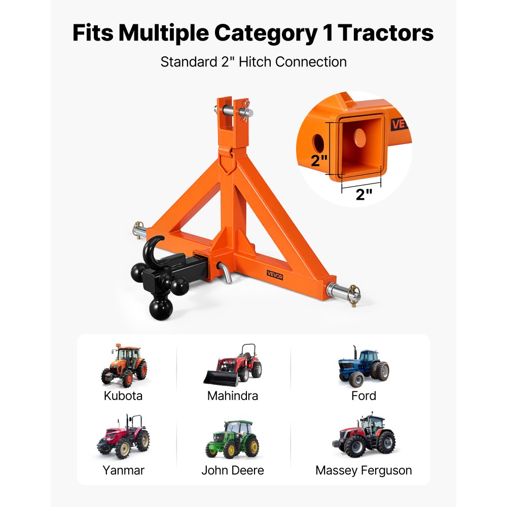 VEVOR Enganche de Remolque de 3 Puntos, Receptor de 508 mm, Accesorios de Gancho y Bolas de Remolque, Adaptador para Tractores de Categoría 1, Kubota Ford Mahindra John Deere Yanmar Massey Ferguson