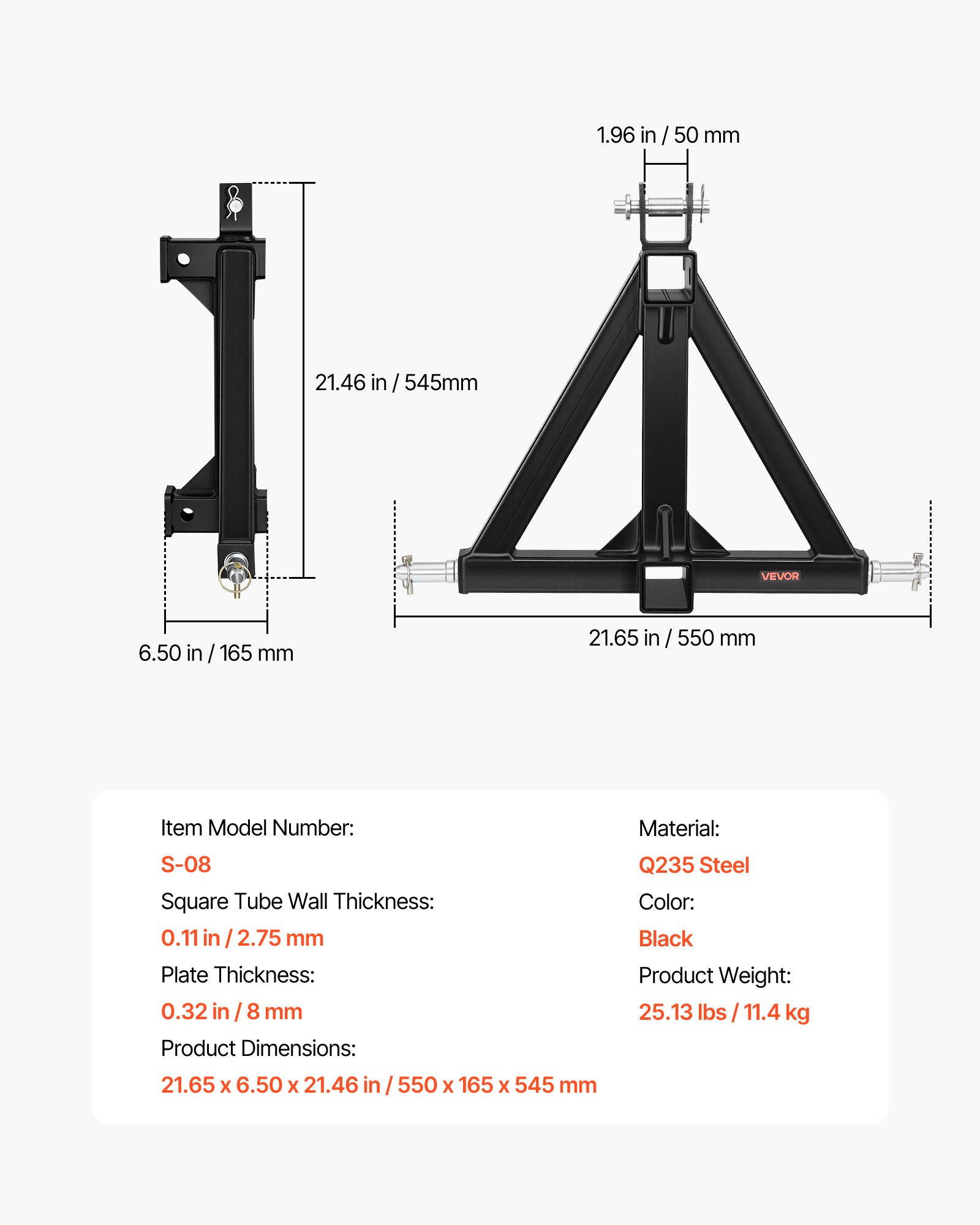 VEVOR Enganche de Remolque de 3 Puntos, Receptor de 508 mm, Adaptador de Acoplamiento con 3 Pasadores, Tractores de Categoría 1, Compatible con Kubota Mahindra Ford Yanmar John Deere Massey Ferguson