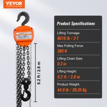 VEVOR Polipasto de Cadena Manual 3 T Polipasto de Cadena con Gancho de Bloque de 360° Altura de Elevación 2,8 m Acero Aleado G80 Guía de Cadena con Freno de Doble Trinquete para Garajes de Mercancías