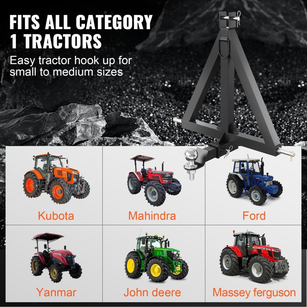 VEVOR Receptor de Enganche 3 Puntos Enganche de Remolque de Tractor Categoría 1, Adaptador de Barra de Tiro Estándar 5,08cm, 635x610 mm con Pasadores para Trabajos de Construcción de Equipos Agrícolas