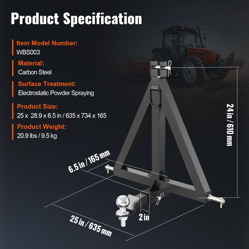 VEVOR Receptor de Enganche 3 Puntos Enganche de Remolque de Tractor Categoría 1, Adaptador de Barra de Tiro Estándar 5,08cm, 635x610 mm con Pasadores para Trabajos de Construcción de Equipos Agrícolas