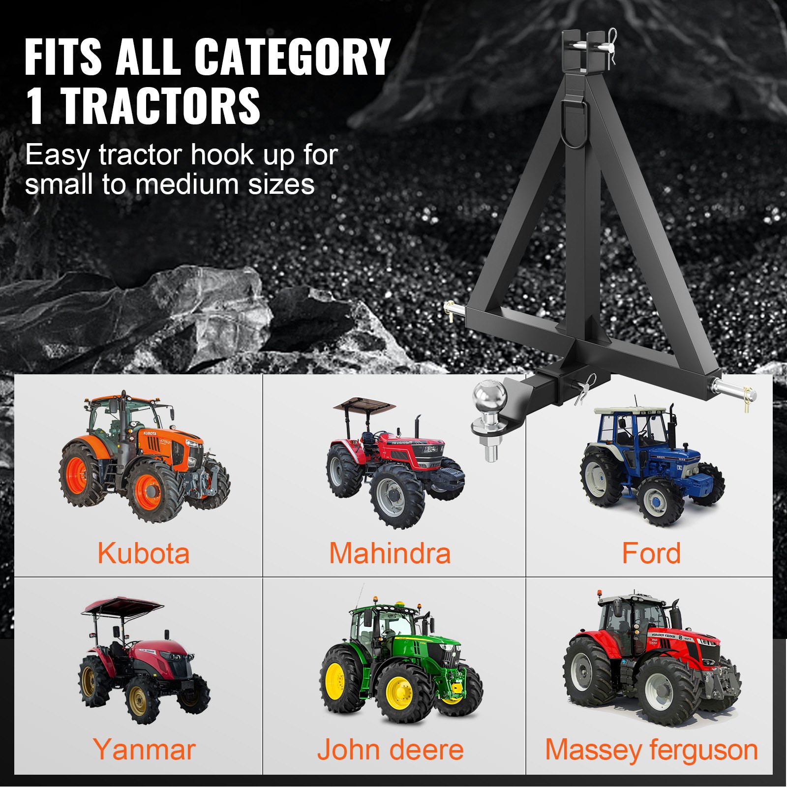 VEVOR Receptor de Enganche 3 Puntos Enganche de Remolque de Tractor Categoría 1, Adaptador de Barra de Tiro Estándar 5,08cm, 635x610 mm con Pasadores para Trabajos de Construcción de Equipos Agrícolas