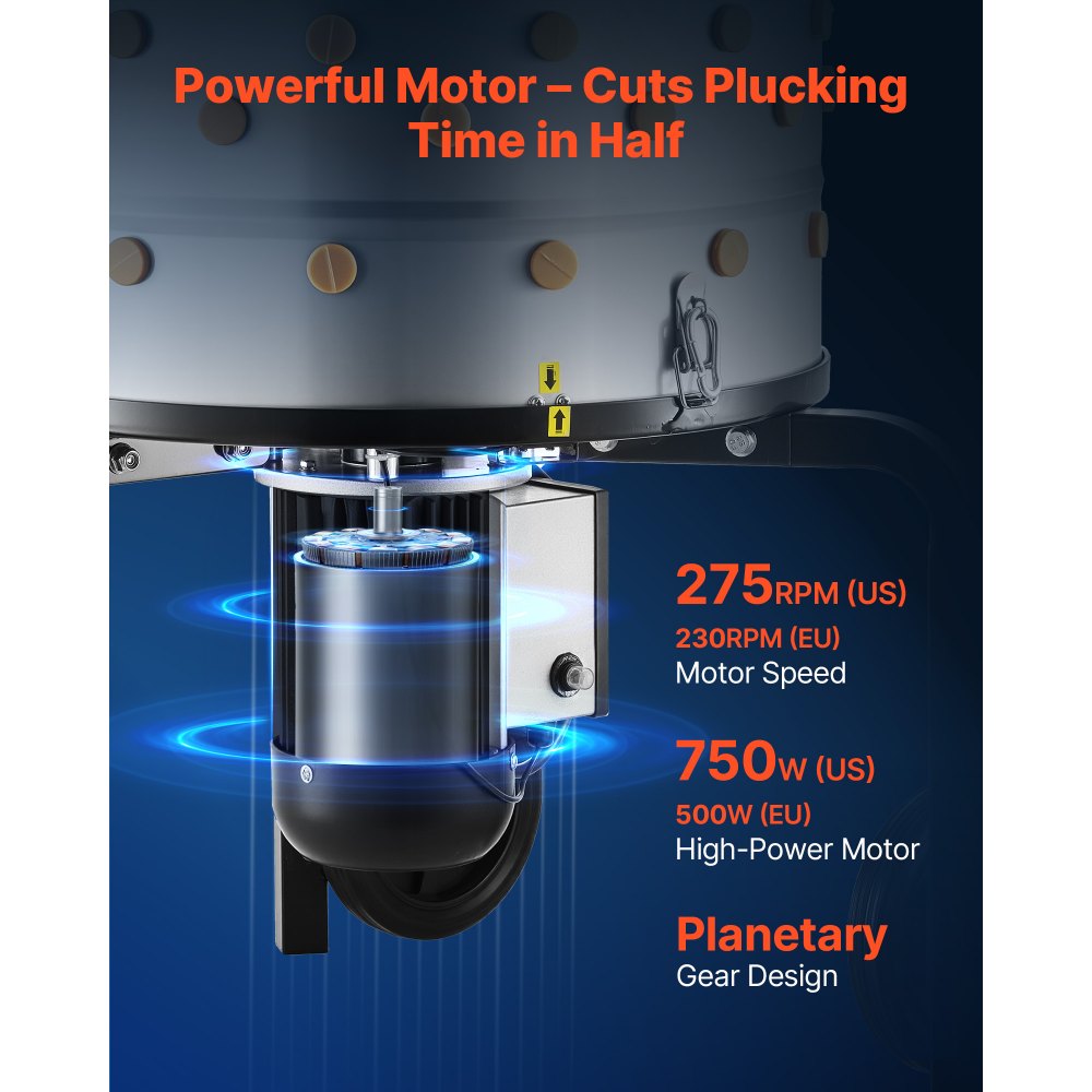 VEVOR Máquina Desplumadora de Pollos Eléctrica 900 W 230 RPM, Desplumador de Plumas Tambor de 50 cm de Acero Inoxidable con 98 Dedos Suaves y Ruedas de Transporte para Procesar 2 Pollitos a la Vez