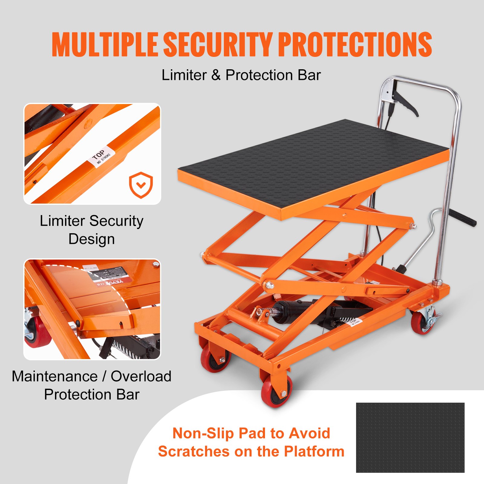 VEVOR Mesa Elevadora Hidráulica Carro Capacidad de Carga 150 kg Elevador Manual de Doble Tijera Altura de Elevación 1270 mm 4 Ruedas Cojín Antideslizante para Manipulación Transporte, Naranja