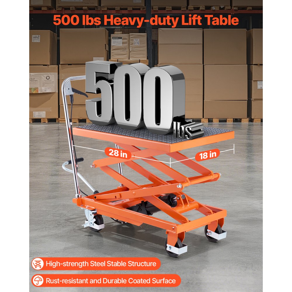 VEVOR Mesa Elevadora Hidráulica, Capacidad de 226,8 kg, Altura de Elevación de 300-1200 mm, Carrito de Mesa Elevadora de Tijera Doble con 4 Ruedas y Almohadilla Antideslizante para Manipulación