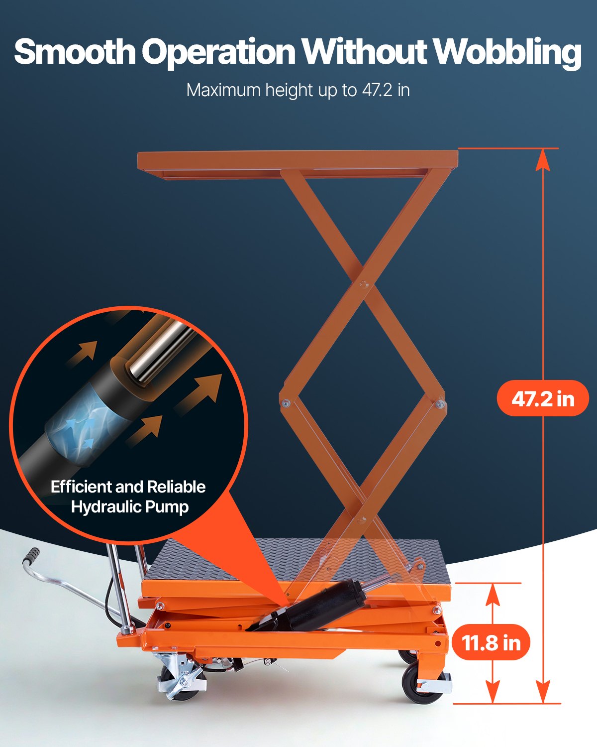 VEVOR Mesa Elevadora Hidráulica, Capacidad de 226,8 kg, Altura de Elevación de 300-1200 mm, Carrito de Mesa Elevadora de Tijera Doble con 4 Ruedas y Almohadilla Antideslizante para Manipulación