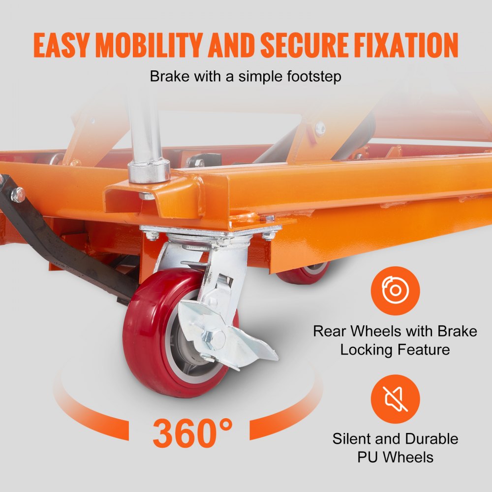 VEVOR Mesa Elevadora Hidráulica Carro Capacidad de Carga 350 kg Elevador Manual de Doble Tijera Altura de Elevación 1530 mm 4 Ruedas Cojín Antideslizante para Manipulación Transporte, Naranja